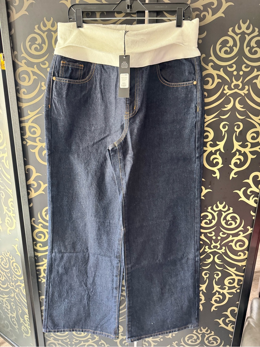 Fashion Nova Dark Blue Denim Straight Leg Pants with Cream Fold-Over Waistband